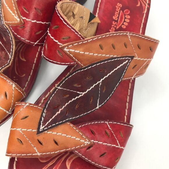 Spring Step AZALEA Red Brown Laser Cut Leaf Whimsical Wedge Heel Open Toe Sandal - Picture 9 of 15